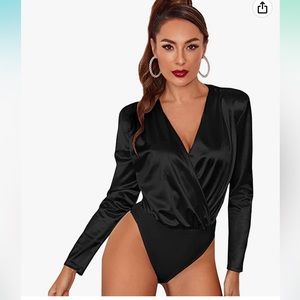 Women's Satin Long Sleeve Wrap V Neck Bodysuit Jumpsuit, Romeo